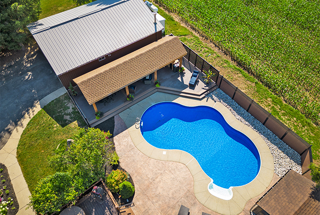 Ariel view of backyard with pool.